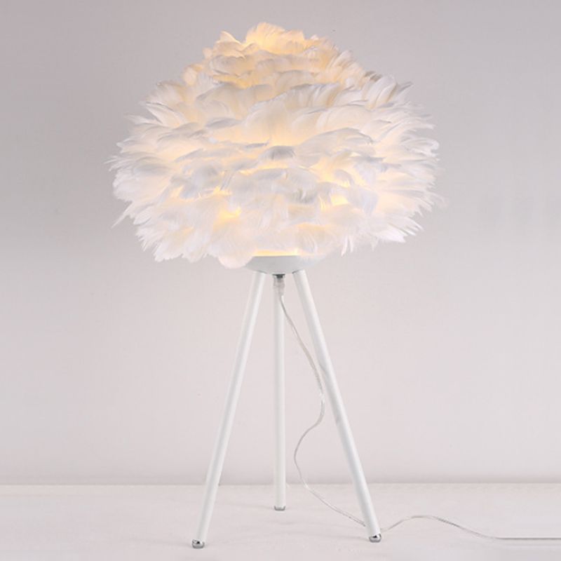 Bloom Nightstand Lamp Nordic Feather Single White/Pink Table Light with White/Gold Tripod for Bedroom