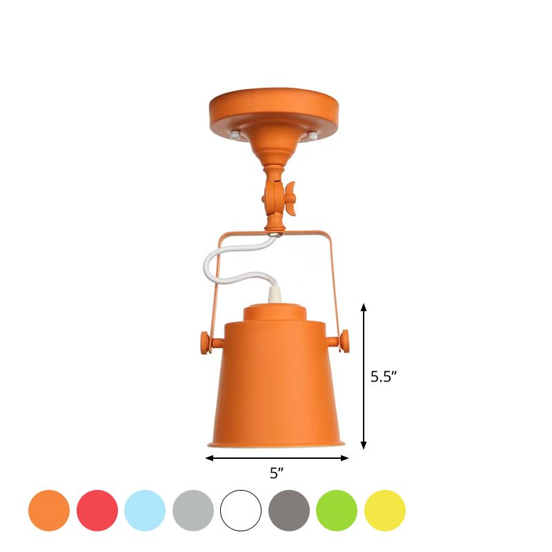 Nordic Bucket Rotatable Ceiling Light 1 Head Iron Semi Flush Mount Lighting with Bracket in Red/Orange/Grey