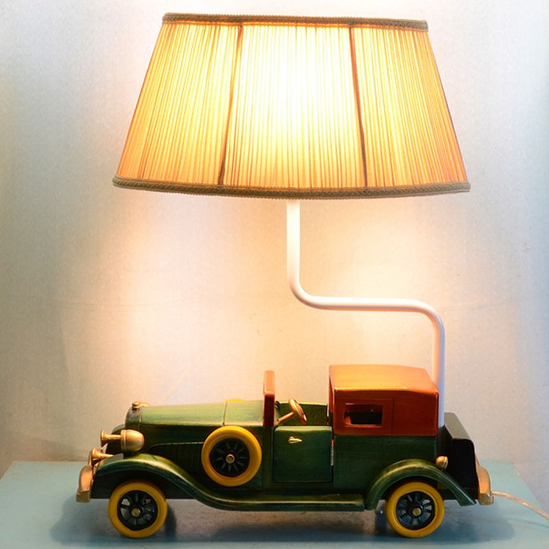 Fabric Drum Nightstand Light Kids 1 Bulb Blue Night Table Lamp with Car Pedestal for Boys Bedroom