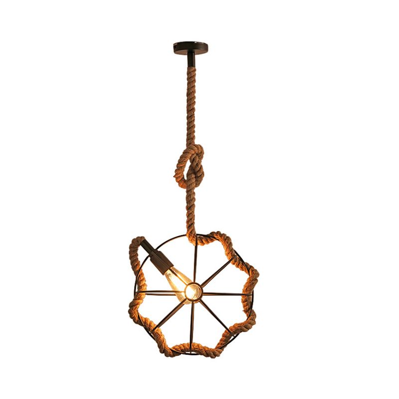 1 Head Wheel Cage Pendant Lighting Industrial Beige Rope and Metal Adjustable Hanging Ceiling Light