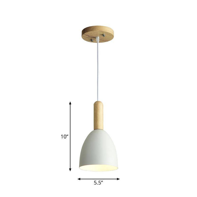 Metallic Bell Hanging Light Macaron 1-Head Down Lighting Pendant with Wooden Handle