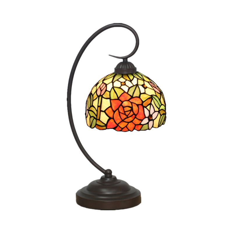 Dome Shade Table Light Victorian Hand Cut Glass 1 Light Red/Orange Nightstand Lighting with Rose Pattern