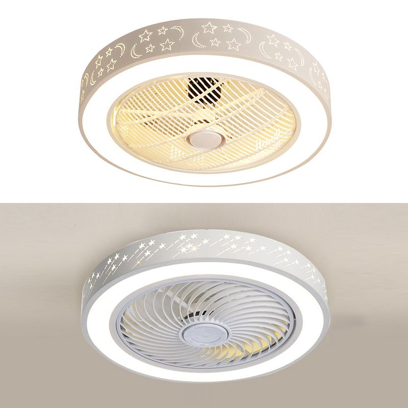 White Drum Shaped Fan Lamp Nordic LED Metal Semi Flush Light Fixture for Bedroom