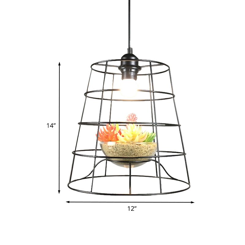 1 Light Pendant Light Antiqued Bucket Cage Metallic Hanging Lighting in Black with Artificial Vine/Succulent