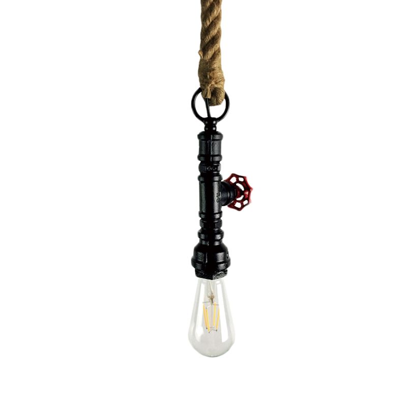 Pipe and Valve Iron Pendant Light Vintage 1 Bulb Bar Hanging Ceiling Lamp in Black/Silver/Copper with Rope Cord