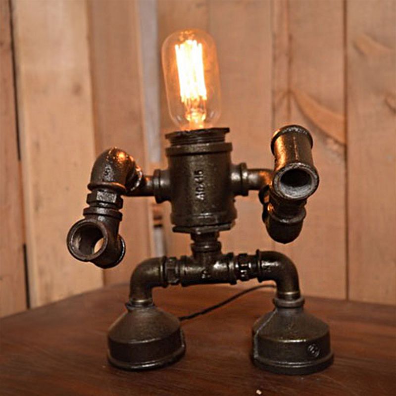 Exposed Bulb Restaurant Table Light with Robot Design Steampunk Metal 1 Light Black Table Lamp