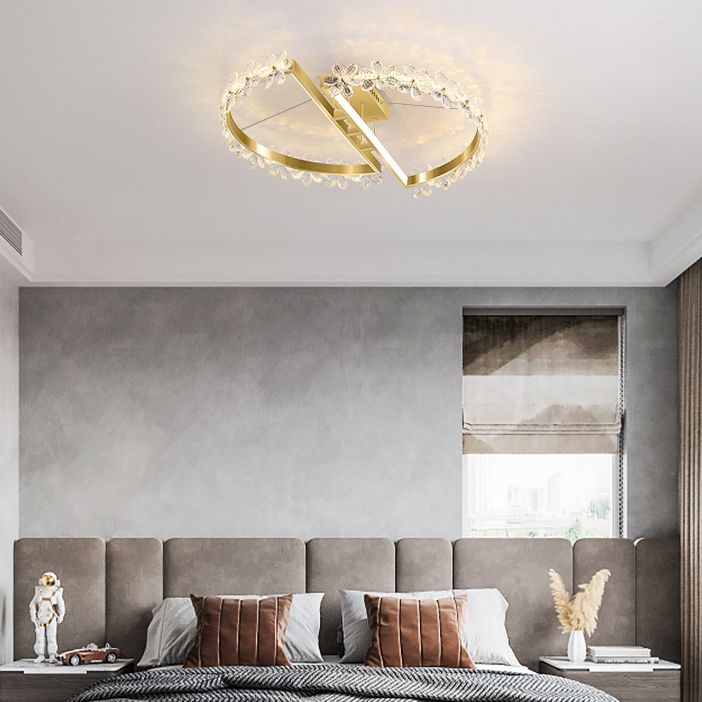 2-Light Golden Flush Mount Lighting Circle Metal LED Ceiling Light with Crystal