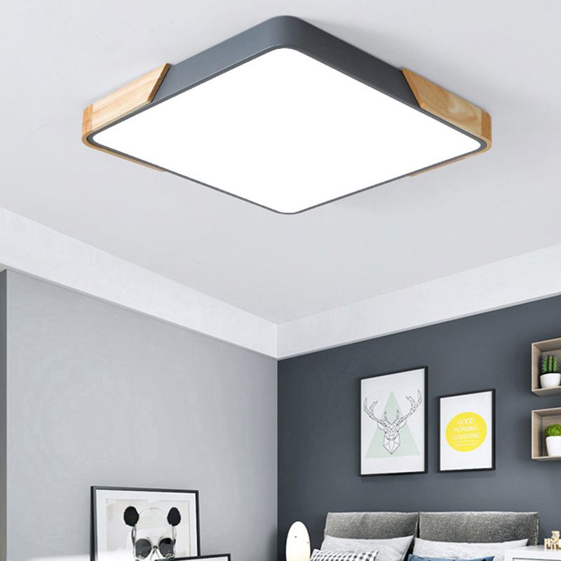 Nordic Rectangle Ceiling Light Colorful Metal LED Flush Mount Light with Wood for Bedroom