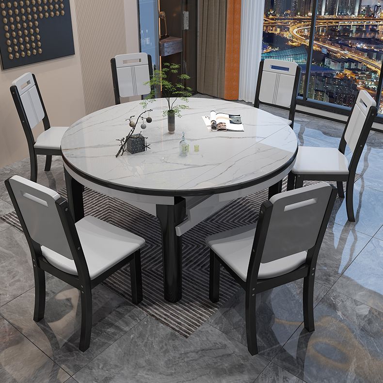 7 Pieces Dining Set with Stone Top Table and White Wooden Chairs