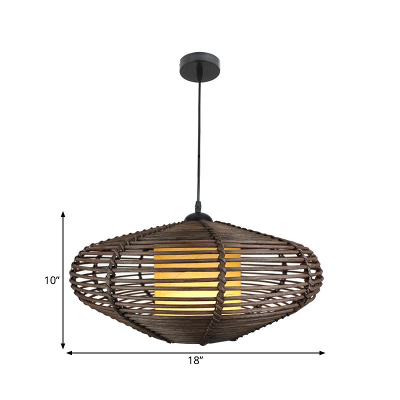 Fabric Cylindrical Pendant Lighting Asia 1 Light Coffee Drop Lamp with Oval Bamboo Cage