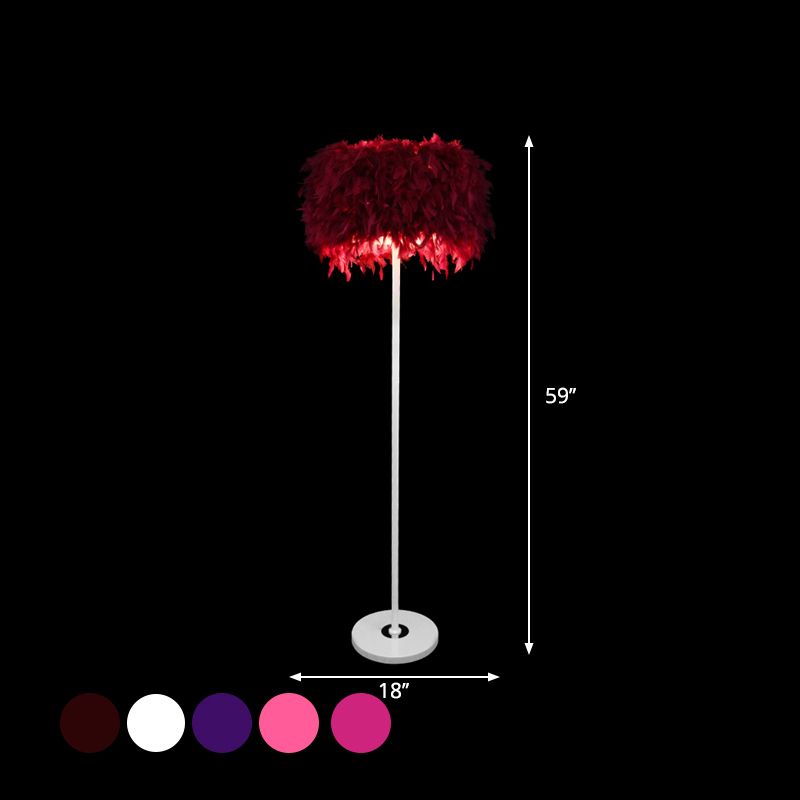 Burgundy/Purple/Pink Drum Floor Light Minimalistic 1-Bulb Feather Standing Floor Lamp for Living Room