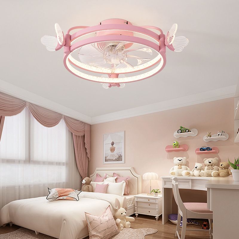 Macaron Circular Ceiling Fan Light Fixture Metal Childrens Bedroom LED Semi Flush Mount