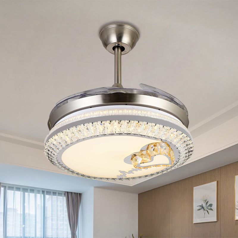 Circle Semi Flush Light Modern Crystal 19 "W LED Chrome plafondventilatorverlichting met liefdevol hart/bloemontwerp, 4 messen