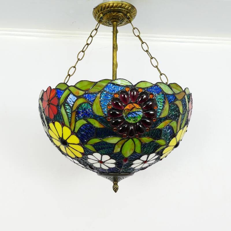 Multi-Color Hanging Ceiling Light Victorian Stained Glass Bowl Shaped Chandelier Lighting Fixture