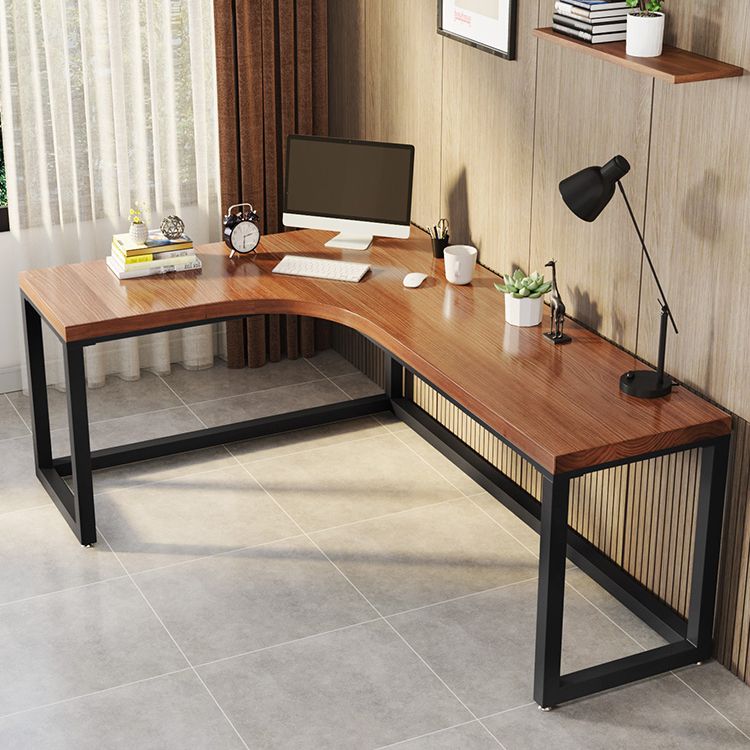 L-Shape Executive Desk Brown and Black Writing Desk Pine and Metal