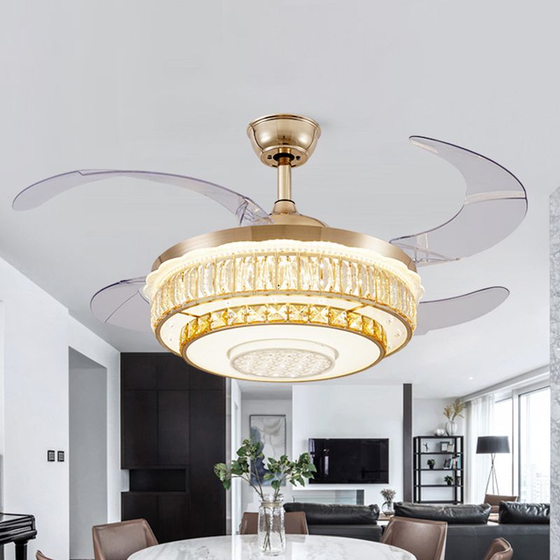 4 Blades LED Ceiling Fan Lamp Contemporary Circular Clear Crystal Blocks Semi Flush Light in Gold, 42" Width