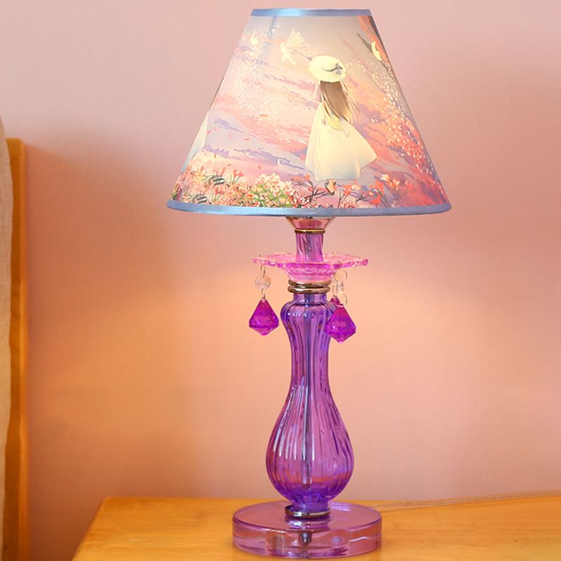 Romantic Pastoral 1 Light Night Lamp Purple Cone/Scalloped Nightstand Light with Fabric Shade and Crystal Accent