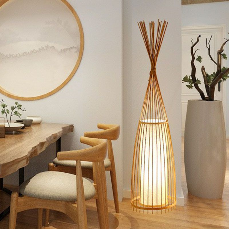 Southeast Asia Conical Stand Up Lamp Bamboo Single Living Room Floor Lighting with Cylinder Diffuser