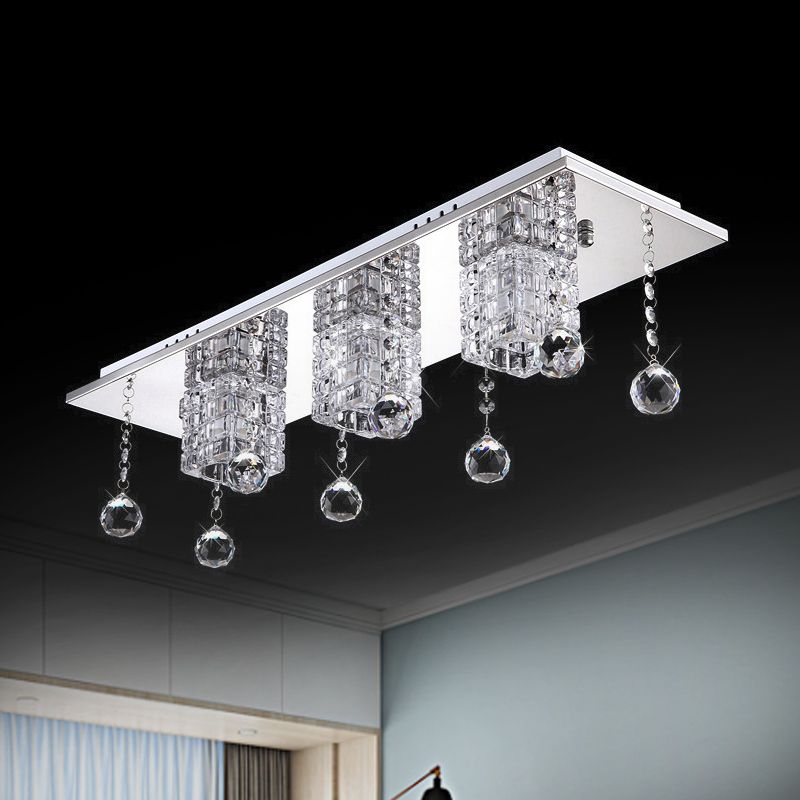 Clear Crystal Shade Nickel Flushmount Cube 3 Heads Modern Ceiling Lamp with Orbs Draping in White / Warm Light