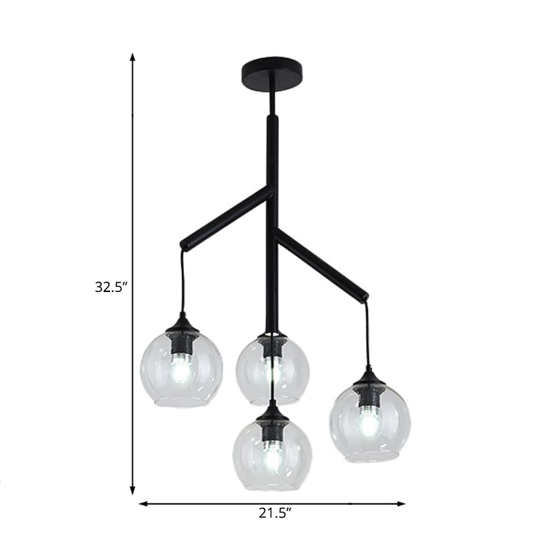 Metal Branch Chandelier Lamp Contemporary 4 Lights Black Hanging Pendant Light with Clear Glass Round Shade