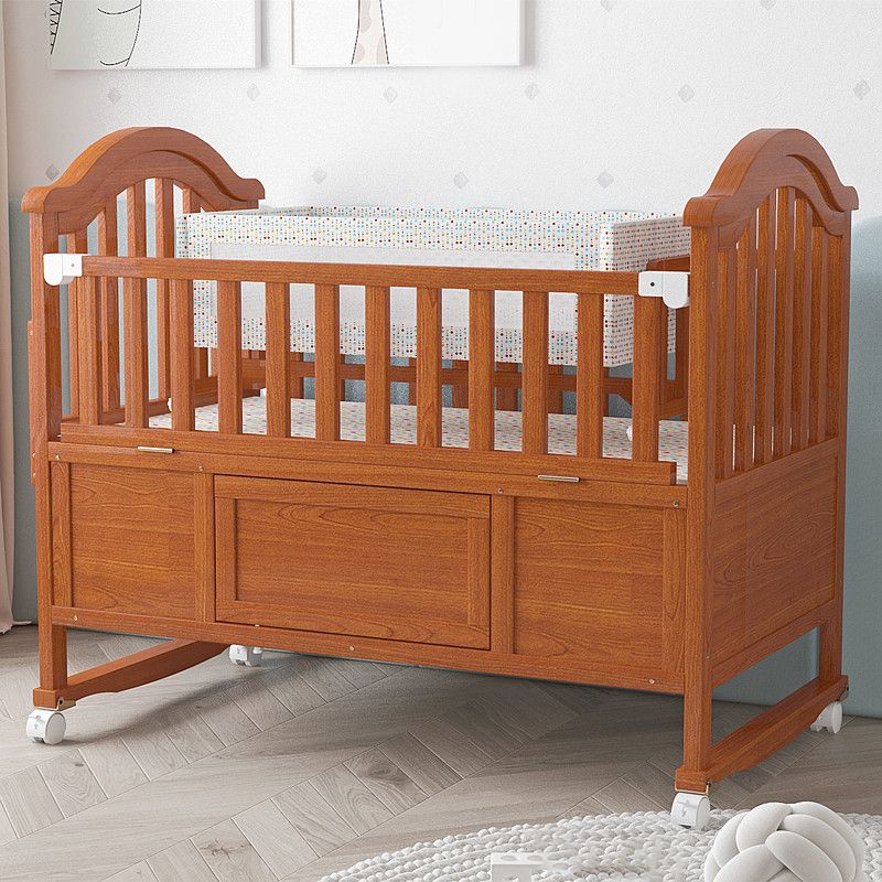 Wood Nursery Crib with Casters Modern Baby Crib with Guardrail