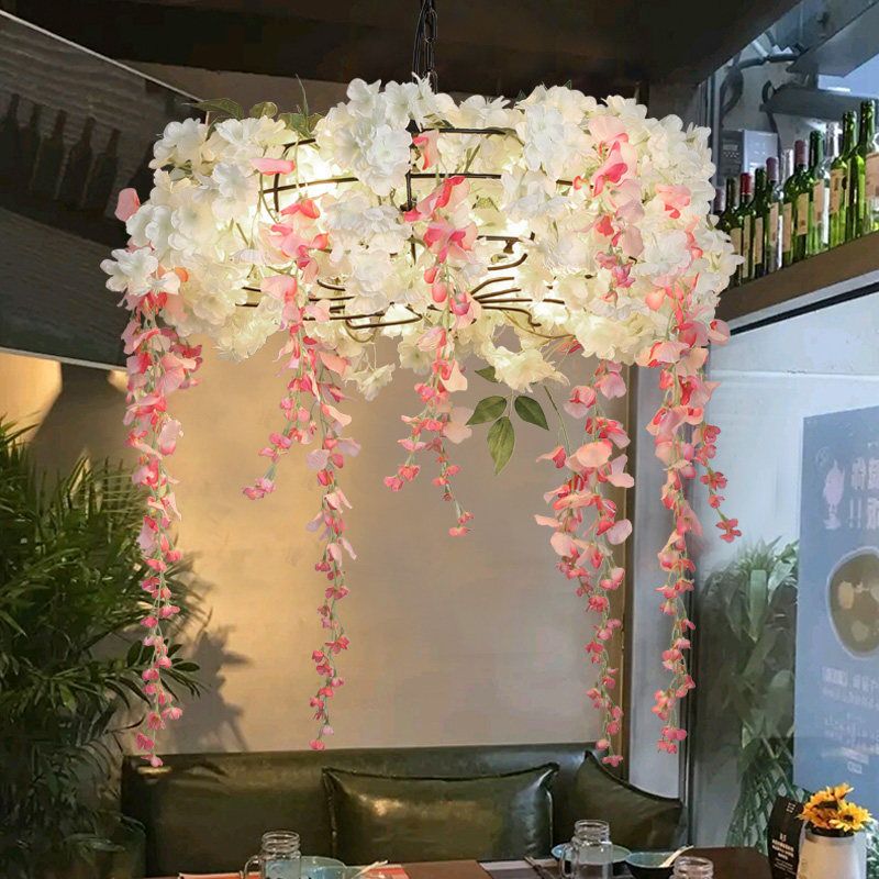 Metal Round Chandelier Light Fixture Industrial 4/5 Lights Restaurant Hanging Lamp Kit in Pink with Flower Decoration