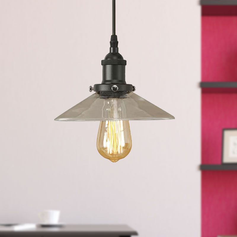 1 Light Clear Glass Pendant Lamp Industrial Black/Rust/Copper Cone Living Room Hanging Light Fixture