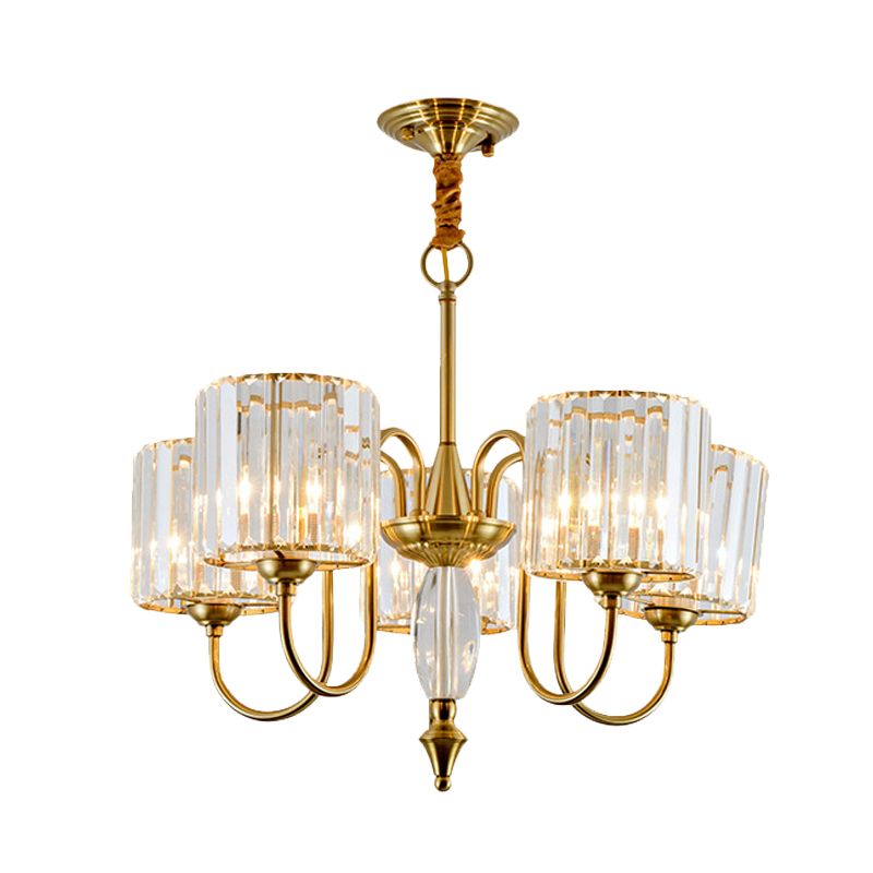 5 Bulbs Pendulum Light with Drum Shade Crystal Block Modernism Dining Room Ceiling Chandelier in Gold