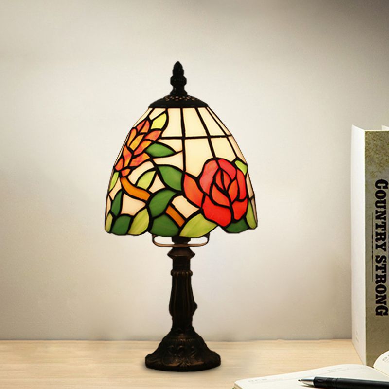 Dome Shape Nightstand Lighting 1-Light Stained Glass Baroque Style Blossom Patterned Table Lamp in Red/Pink/Orange