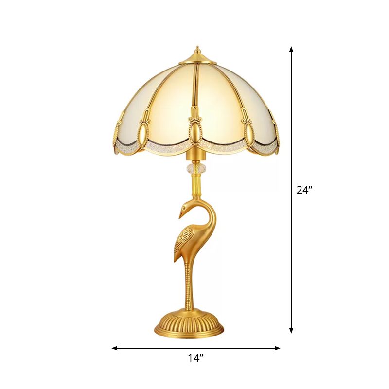 1-Light Night Lamp Vintage Bedroom Table Lamp with Bowl Frosted Glass Shade and Bird Pedestal in Polished Brass