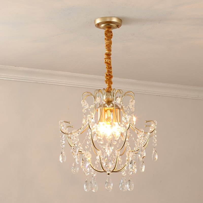 Bent Armed Metal Pendant Chandelier Transitional 3-Light Gold Ceiling Light Fixture with Crystal Draping