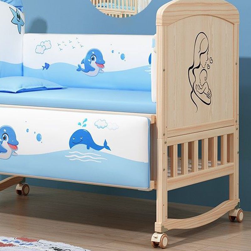 Convertible Baby Crib with Guardrail Solid Wood Nursery Bed with Casters