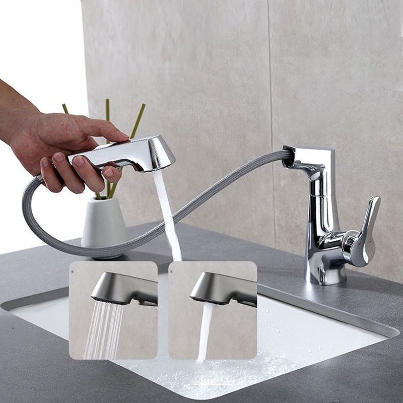 Modern Vessel Sink Faucet Copper Single Handle Retractable Low Arc Vessel Faucet