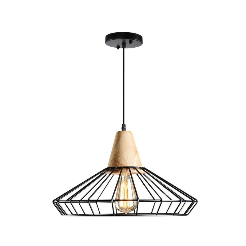 Antique Cage Shade Pendant Light 1-Light Iron Hanging Light Fixture with Wooden Top in Black