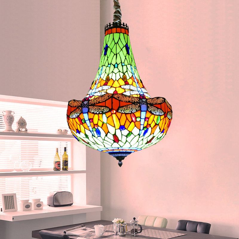 16"/19.5" Wide Dragonfly Chandelier Light Tiffany Stained Glass 5 Lights Blue/Green Pendant Lighting for Dining Room