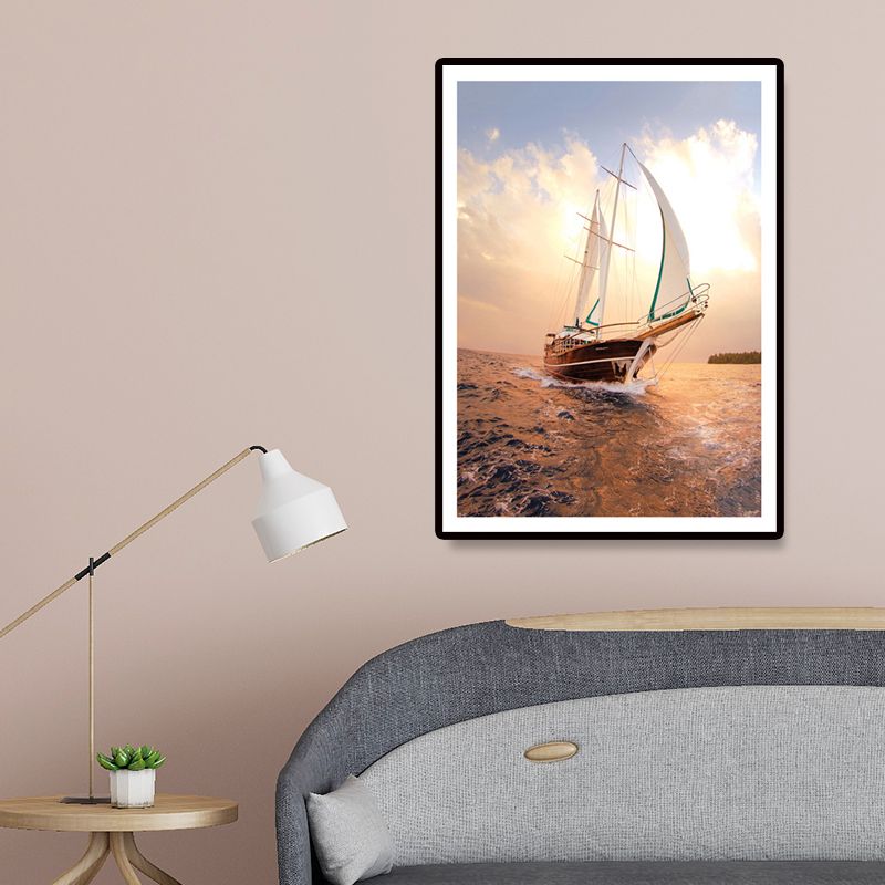 Sailing Vessel Wall Art Tropical Stunning Seascape Canvas Print in Gold for Bedroom