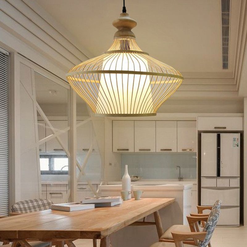 Bamboo Saucer Suspension Pendant Light Modern Style Beige Pendant Lighting Fixture