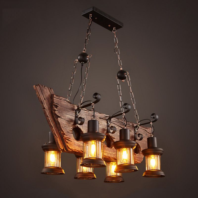 Nautical Style Solid Wood Chandelier Kerosene Lamp Styling Retro Hanging Light with 19.6" Adjustable Suspension Chain