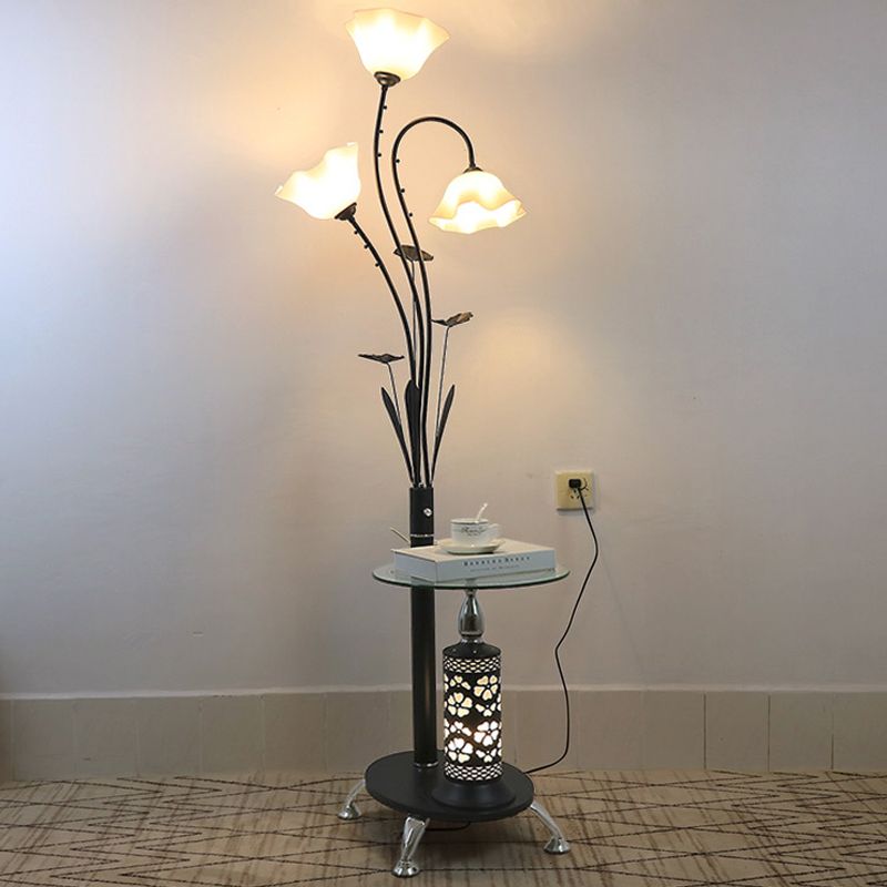 3-Light Metallic Floor Light Countryside Style Black/White Tree Design Guest Room Standing Up Lamp with Floral Shade