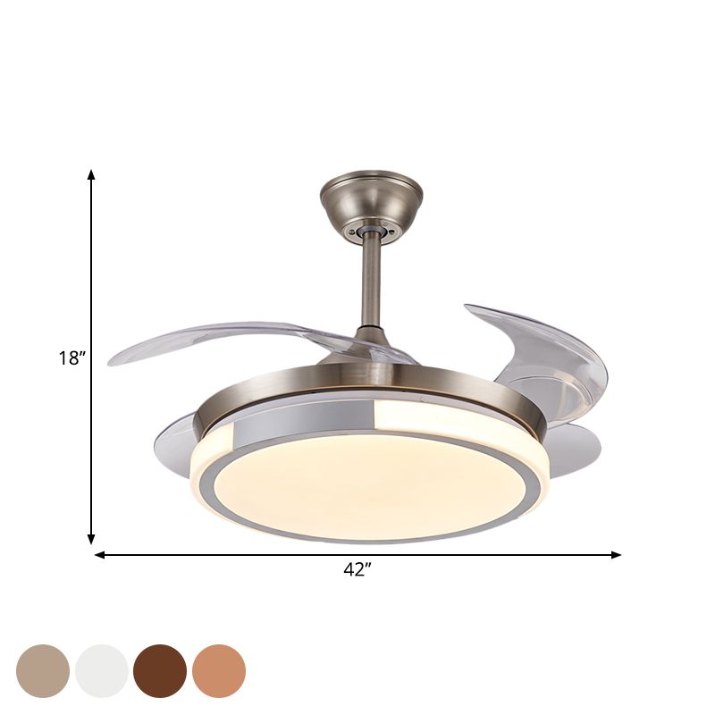 Modernist Round Hanging Fan Light Metallic Living Room LED Semi Flush Mount in Brown/White/Gold with 4 Blades, 42" Wide