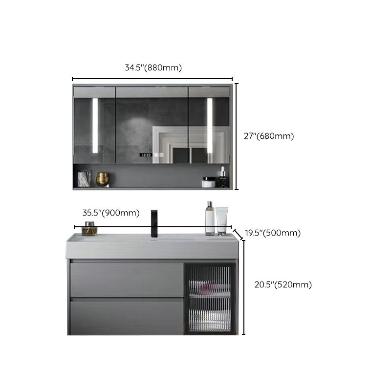 Drawers Bathroom Vanity Metal Single Sink Grey Rectangle Wall Mount Vanity Set with Mirror