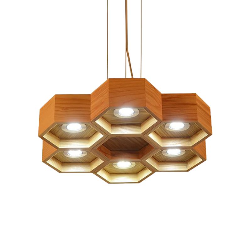 Lumière de lustre en bois en nid d'abeille contemporain 6 têtes beige pendante suspendue