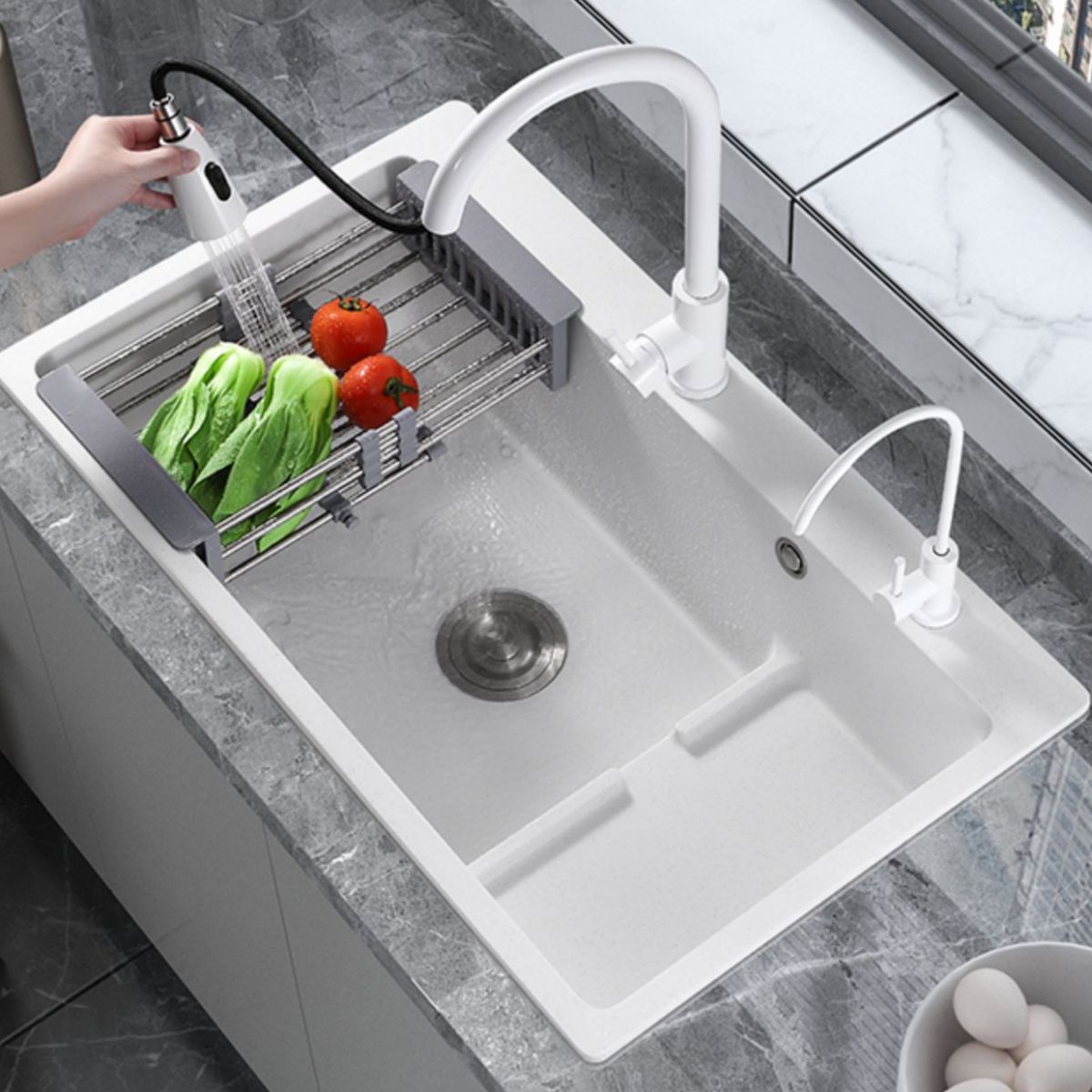 Kitchen Ceramic Sink Rectangular Anti-spill Pull-out Faucet Ceramic Sink