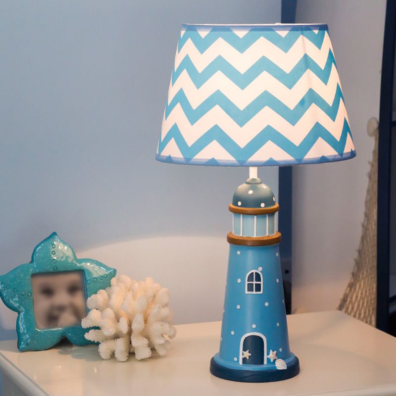 14"/18" Wide Cone Table Lighting Cartoon Style Fabric 1 Light Blue/White Stand Up Lamp with Resin Tower Base