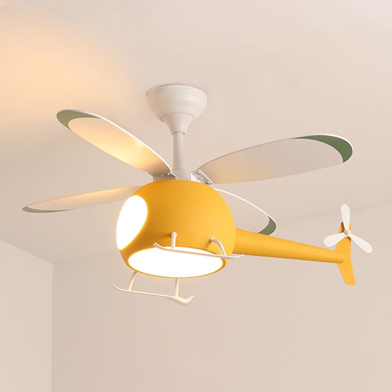 Cartoon Style Ceiling Fan Lamp Metal Semi Flush Mount Light Fixture with Wood Fan Blade