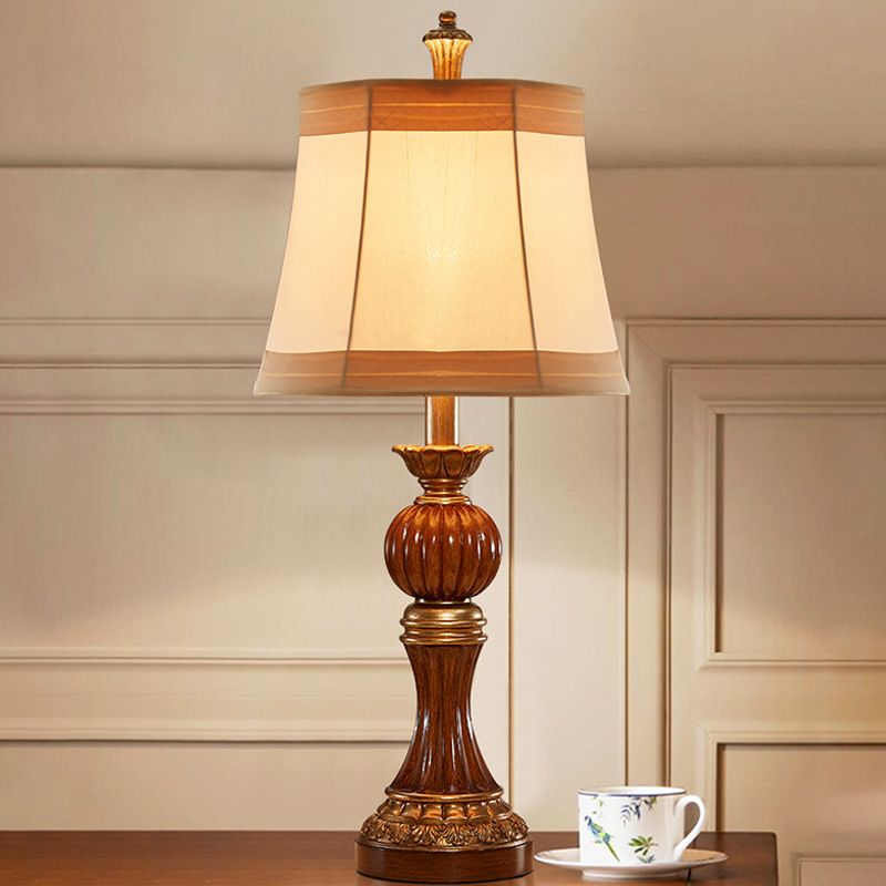 Brown Baluster Base Desk Light Vintage Resin 1 Bulb Study Room Night Stand Lamp with Fabric Shade