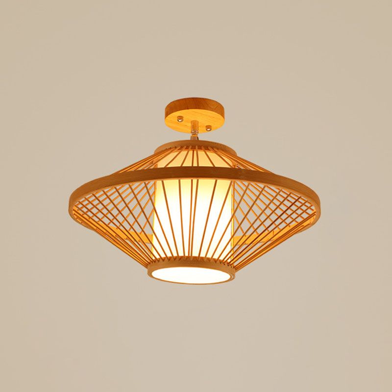 Geometric Semi Flush Mount Light Asian Bamboo Single Aisle Ceiling Flush Lamp in Wood