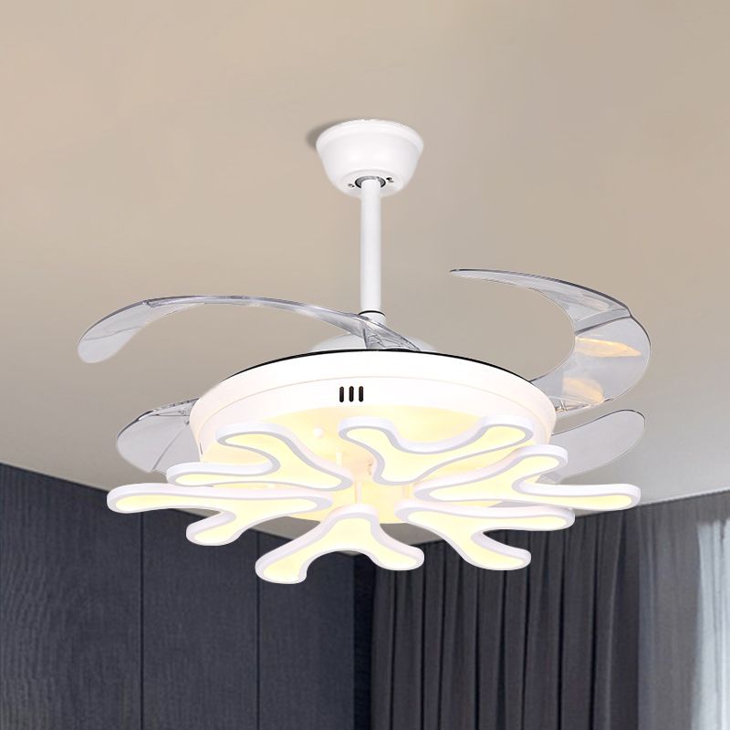 Hedendaagse bloei hangerse ventilatorlamp ijzer woonkamer led semi -spoelplafondlicht met 4 heldere messen in wit, 42 "breedte