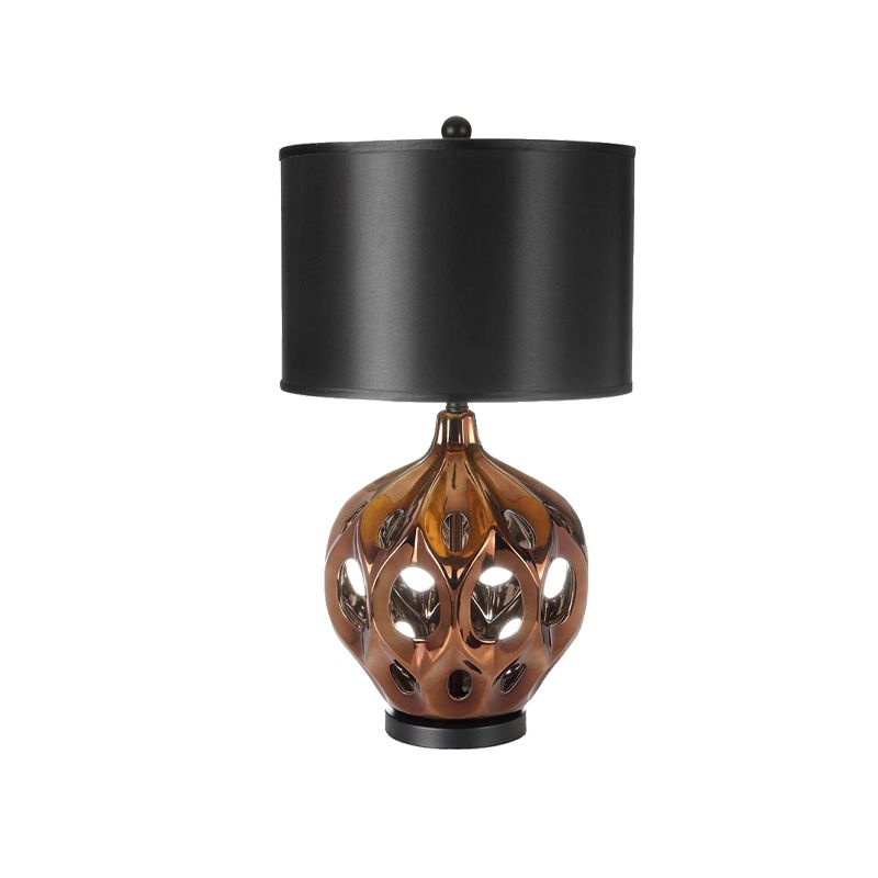 Ceramic Hollowed Out Jar Nightstand Lamp Retro 1-Bulb Bedroom Table Lighting in Gold/Rose Gold with Black Drum Shade