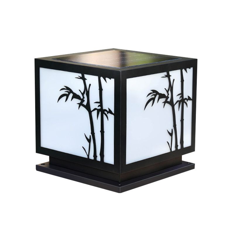 Solar Square Outdoor Lights Black Metal Pillar Lamp with Acrylic Shade for Garden